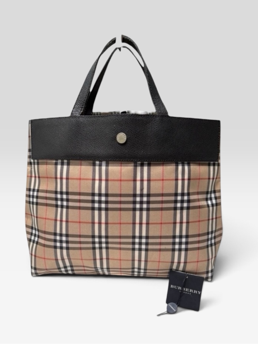 Burberry House Check Medium Tote Black Leather Trim Made in Italy